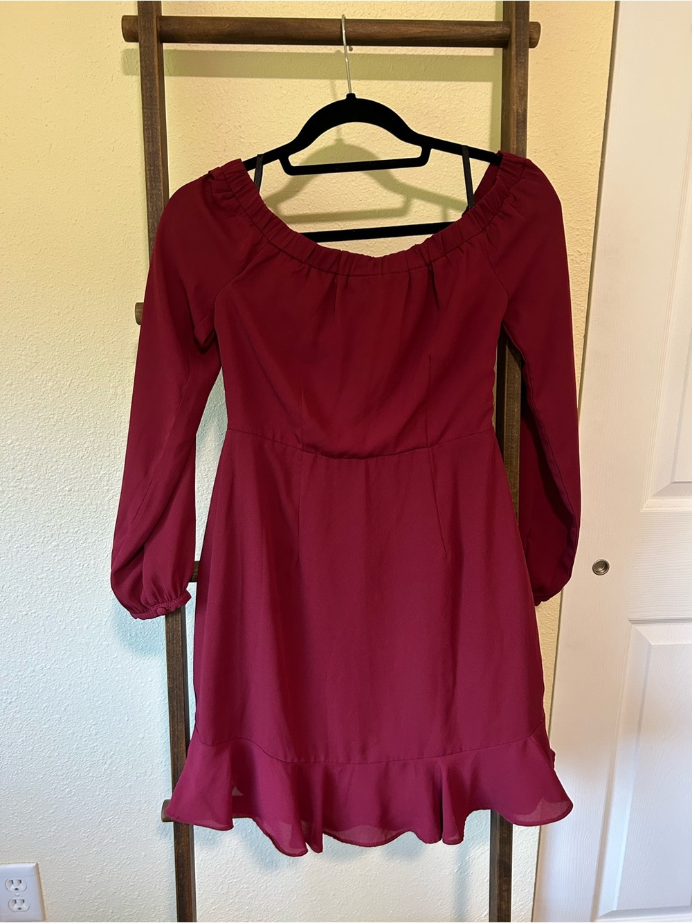 Off-Shoulder Long Sleeve Mini Dress in Burgundy